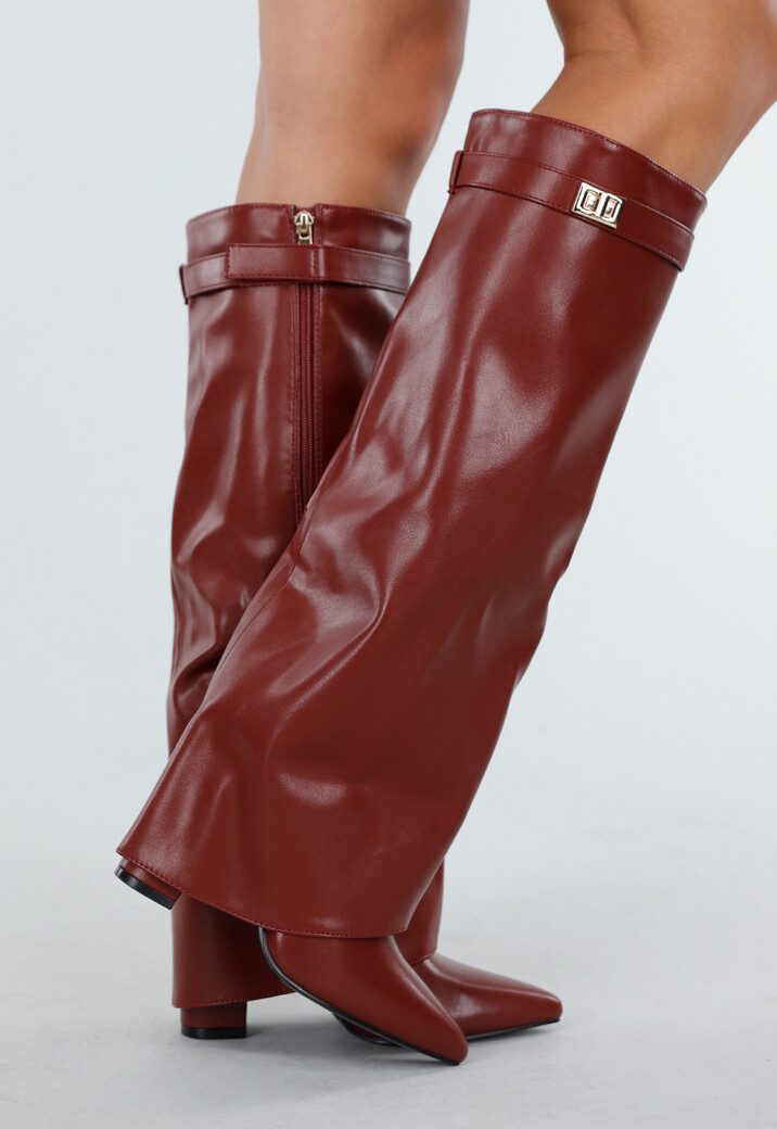 Bordeaux Rode Overlap Laarzen met Puntneus in Leatherlook