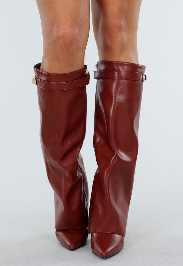 Bordeaux Rode Overlap Laarzen met Puntneus in Leatherlook