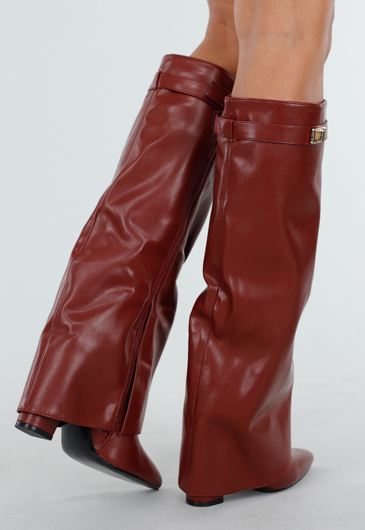 Bordeaux Rode Overlap Laarzen met Puntneus in Leatherlook