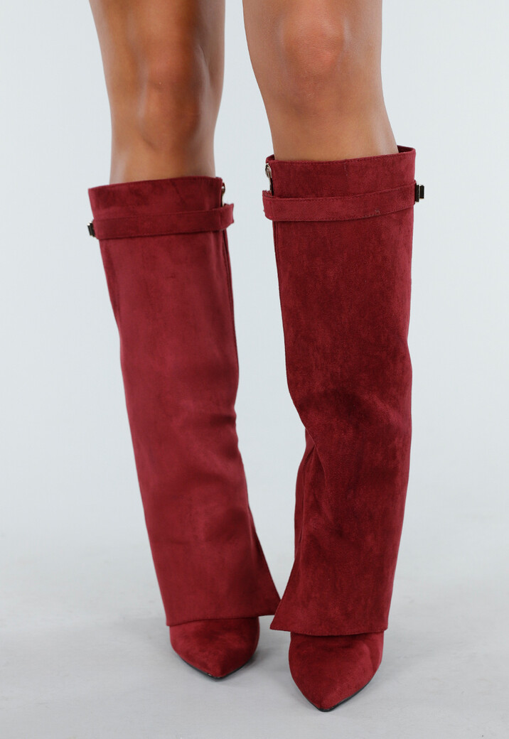 Bordeaux Rode Overlap Laarzen met Puntneus in Suèdelook