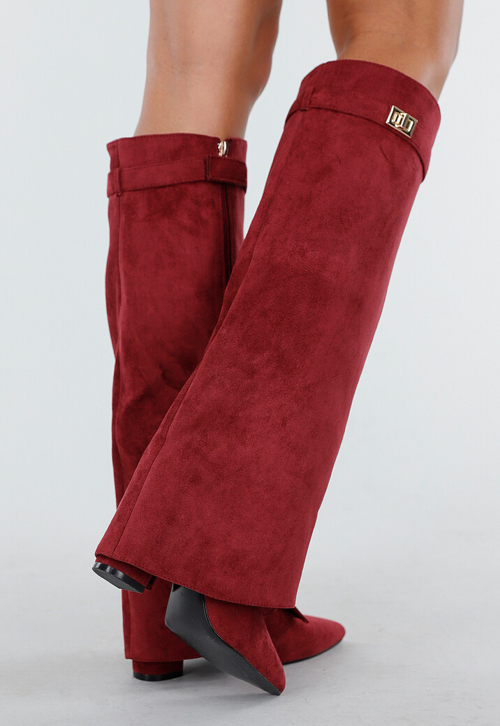 Bordeaux Rode Overlap Laarzen met Puntneus in Suèdelook