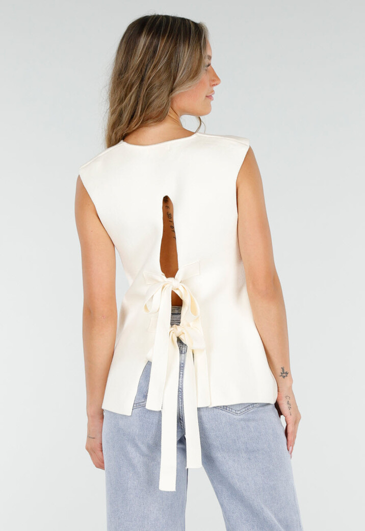 Crèmekleurige Mouwloze Top met Knopen en Striksluiting op rug