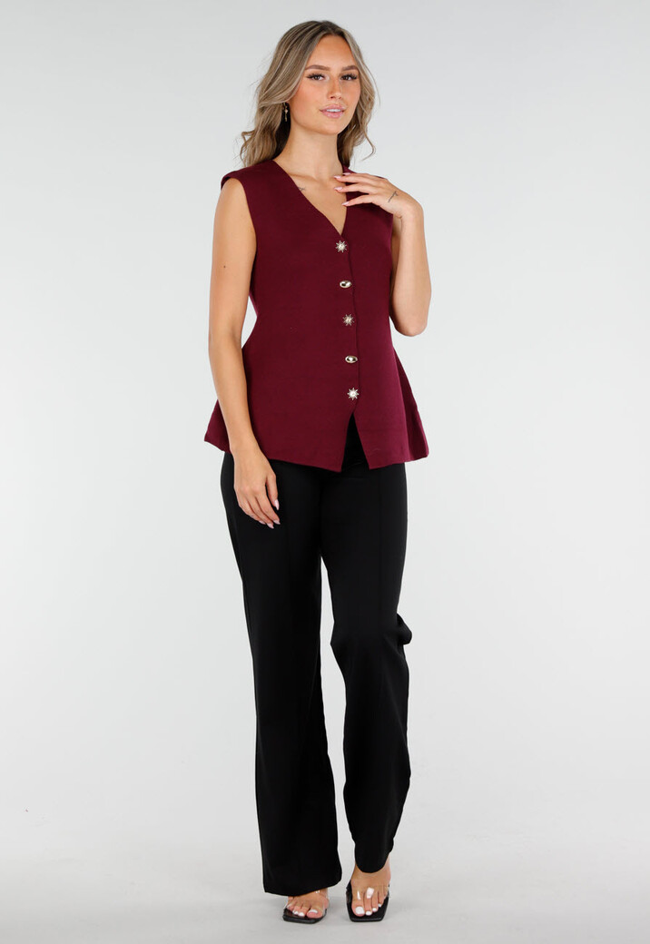 Bordeaux Mouwloze Top met Goudkleurige Knopen en Strik