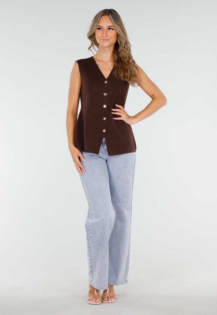 Bruine Mouwloze Top met Goudkleurige Knopen en Strik