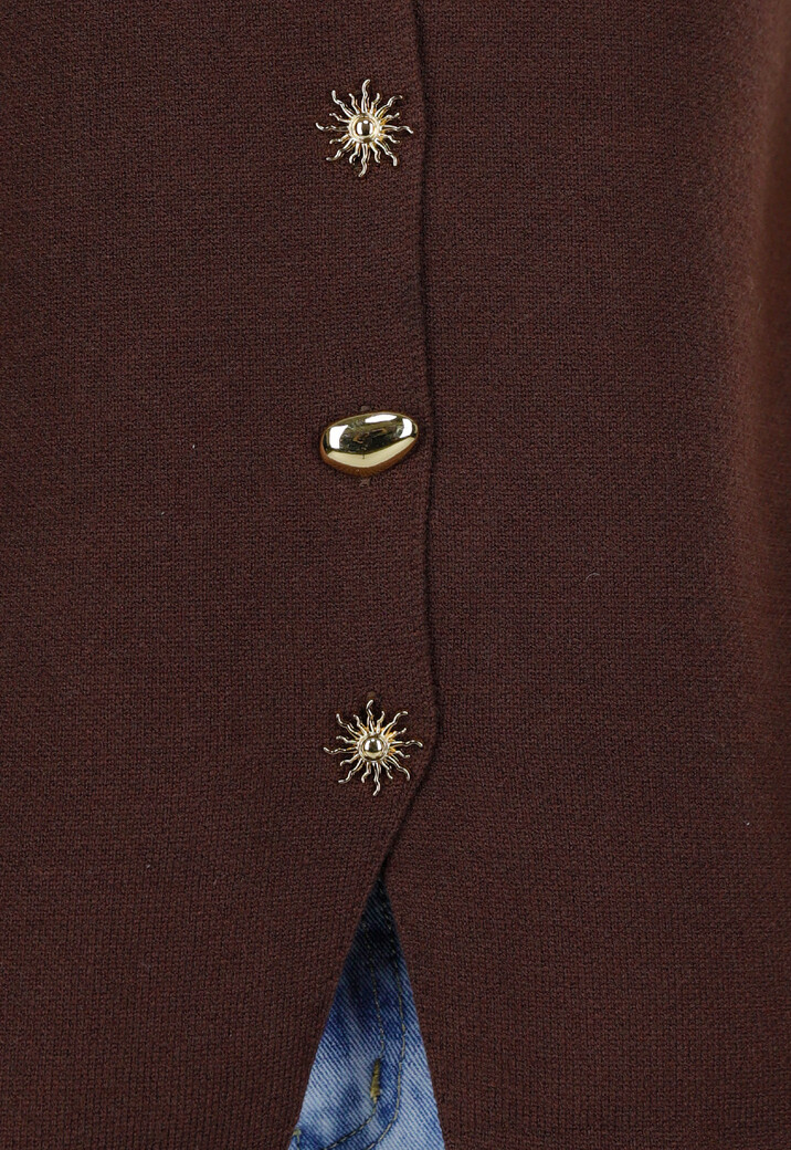 Bruine Mouwloze Top met Goudkleurige Knopen en Strik