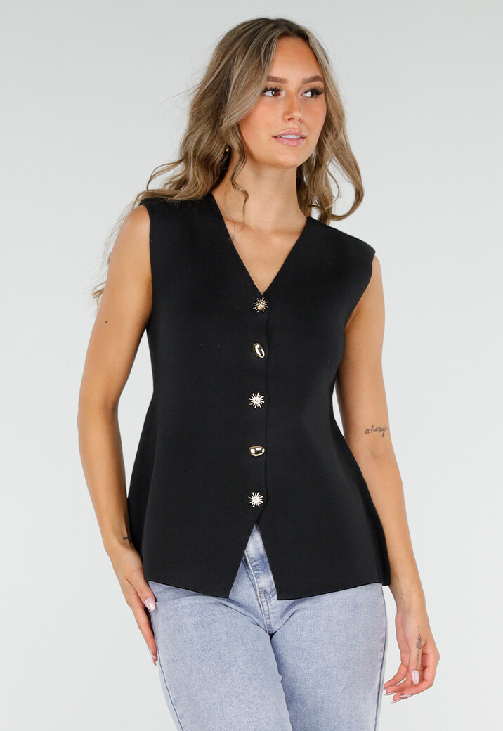 Zwarte Mouwloze Top met Goudkleurige Knopen en Strik