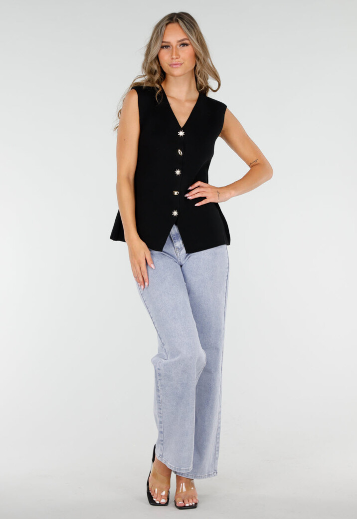 Zwarte Mouwloze Top met Goudkleurige Knopen en Strik