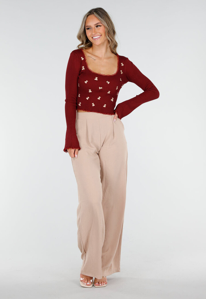 Bordeaux Stretch Rib Top met Teddybeertjes en Vierkante Halslijn