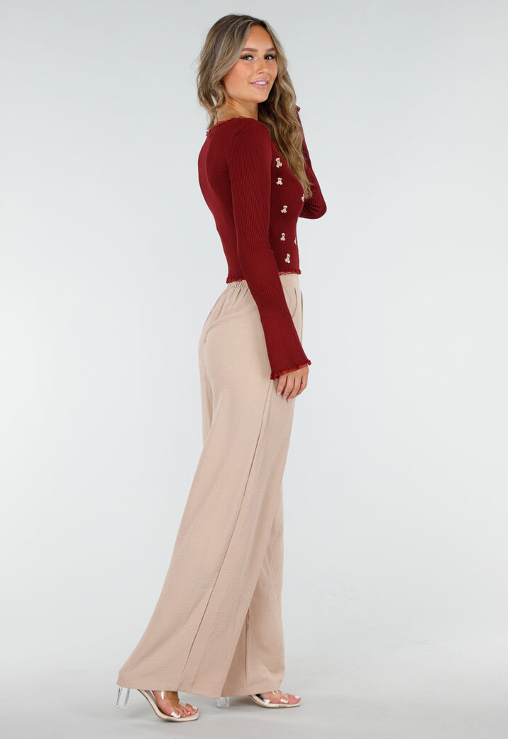 Bordeaux Stretch Rib Top met Teddybeertjes en Vierkante Halslijn