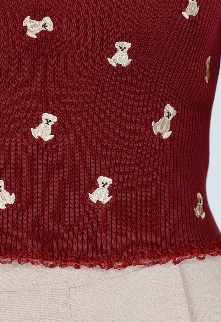 Bordeaux Stretch Rib Top met Teddybeertjes en Vierkante Halslijn