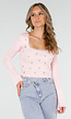 Roze Stretch Rib Top met Teddybeertjes en Vierkante Halslijn