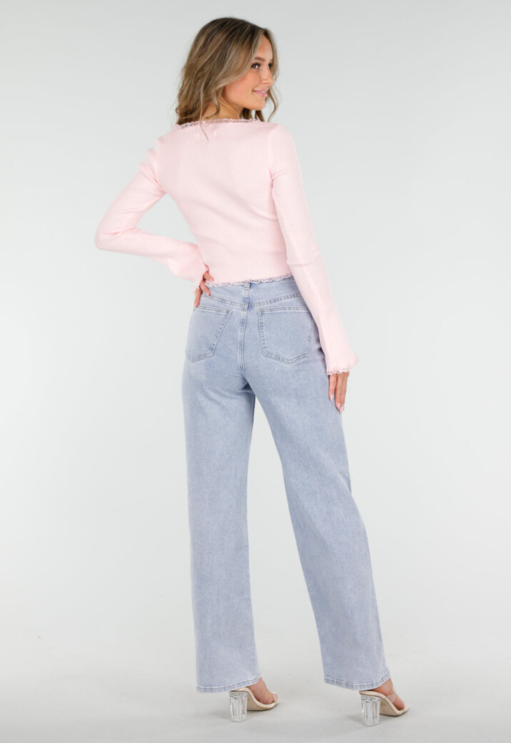 Roze Stretch Rib Top met Teddybeertjes en Vierkante Halslijn