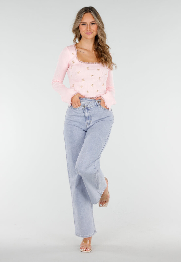 Roze Stretch Rib Top met Teddybeertjes en Vierkante Halslijn