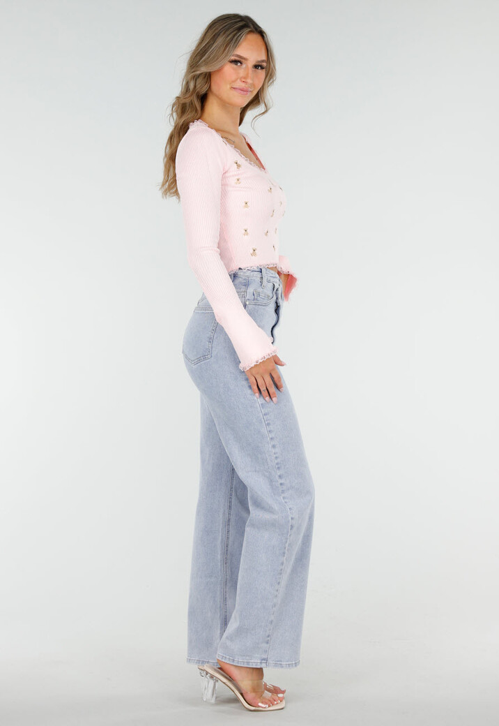 Roze Stretch Rib Top met Teddybeertjes en Vierkante Halslijn