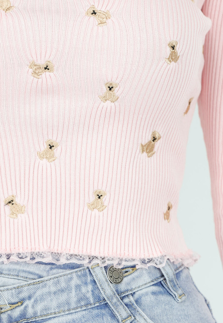 Roze Stretch Rib Top met Teddybeertjes en Vierkante Halslijn