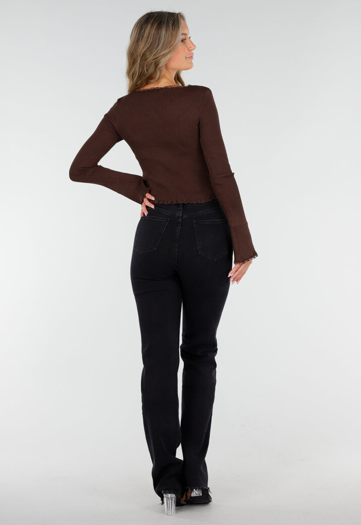 Bruine Stretch Rib Top met Teddybeertjes en Vierkante Halslijn