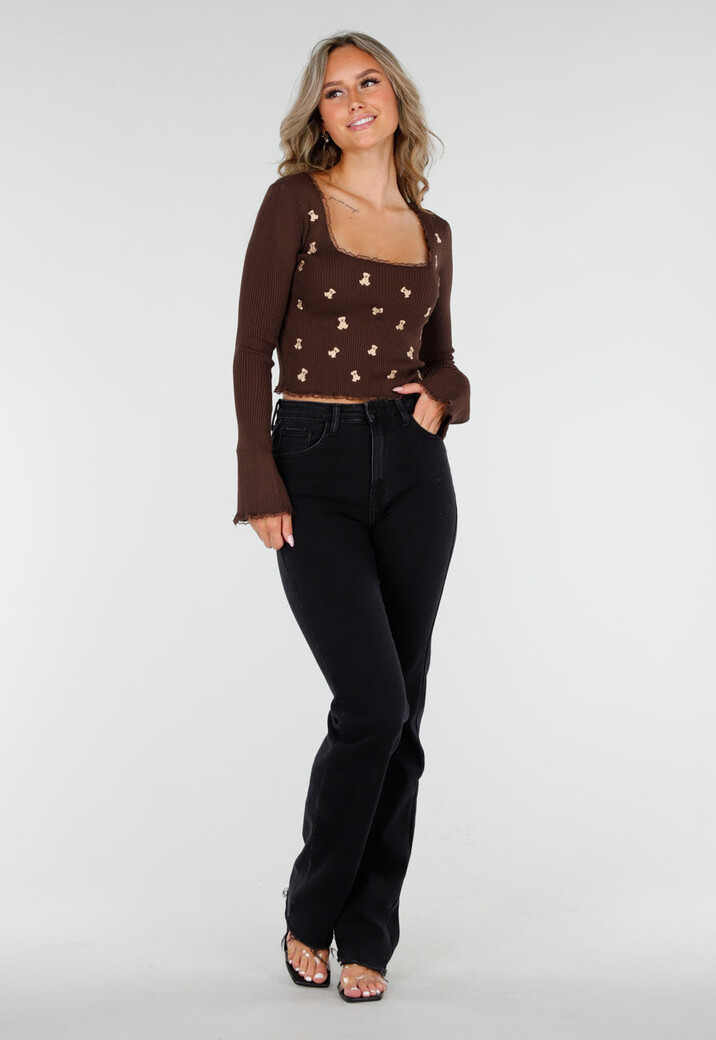 Bruine Stretch Rib Top met Teddybeertjes en Vierkante Halslijn