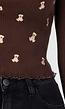 Bruine Stretch Rib Top met Teddybeertjes en Vierkante Halslijn
