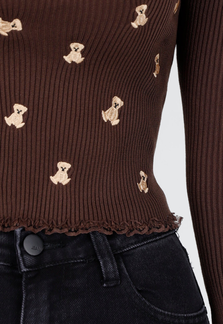 Bruine Stretch Rib Top met Teddybeertjes en Vierkante Halslijn