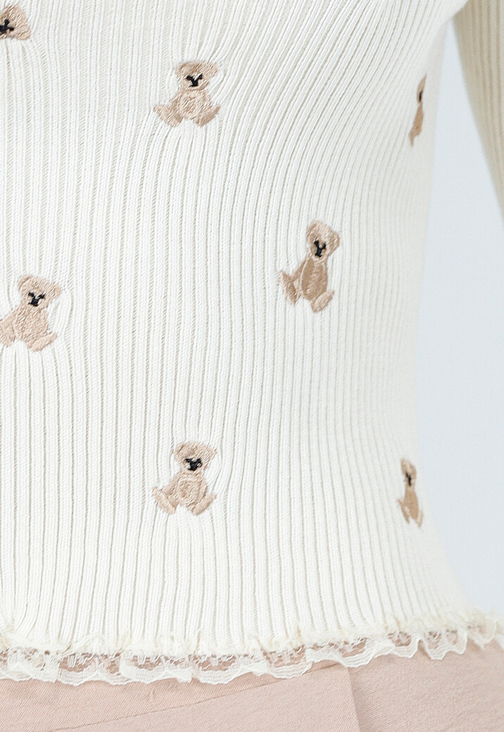 Crèmekleurige Rib Top met Teddybeertjes en Vierkante Halslijn