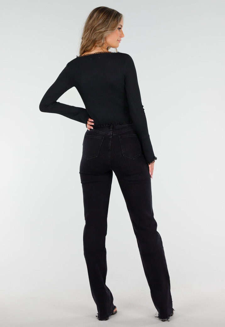 Zwarte Rib Top met Teddybeertjes en Vierkante Halslijn