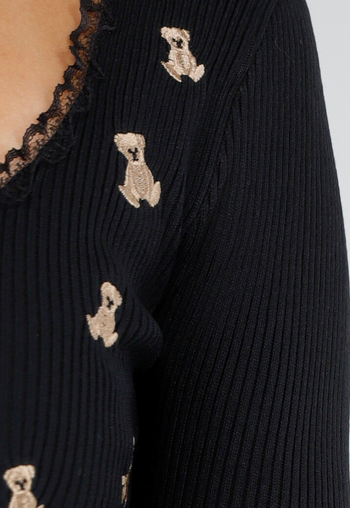 Zwarte Rib Top met Teddybeertjes en Vierkante Halslijn