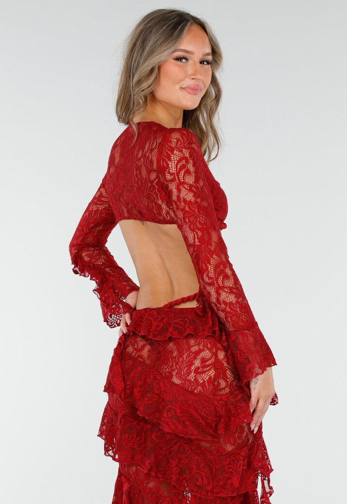 Rode Two Piece Set van Kant met Ruffles en Lange Mouwen