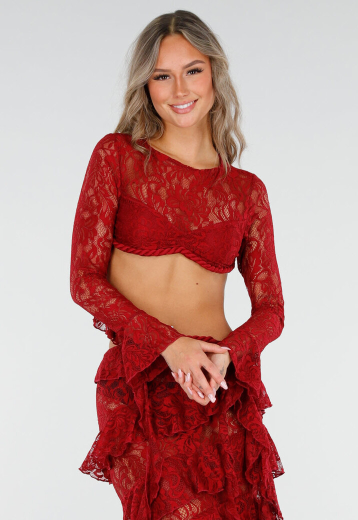 Rode Two Piece Set van Kant met Ruffles en Lange Mouwen