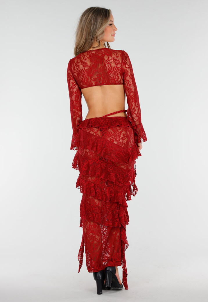 Rode Two Piece Set van Kant met Ruffles en Lange Mouwen