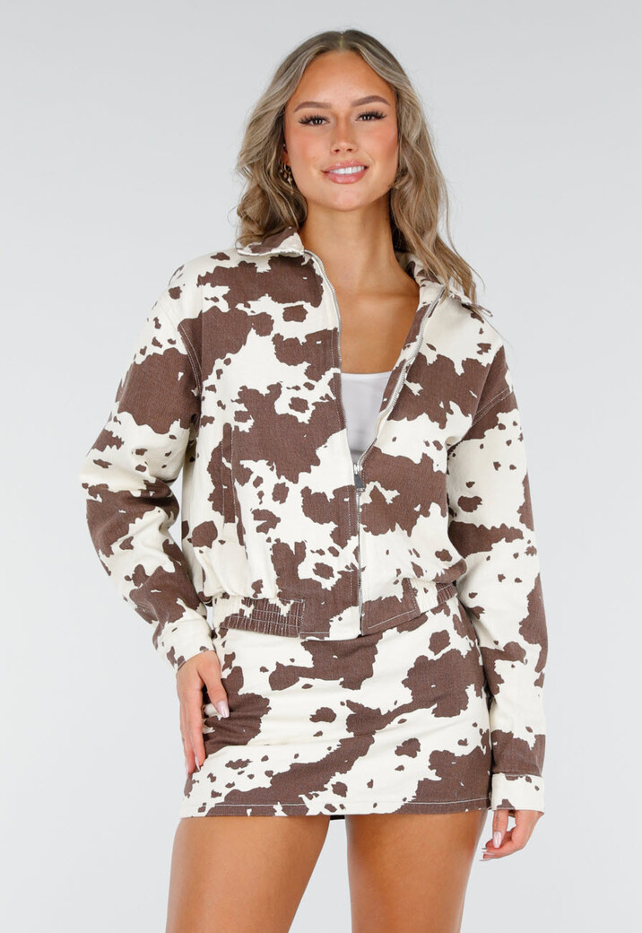 Wit-Bruin Cowprint Jasje met Rits en Elastische Zoom