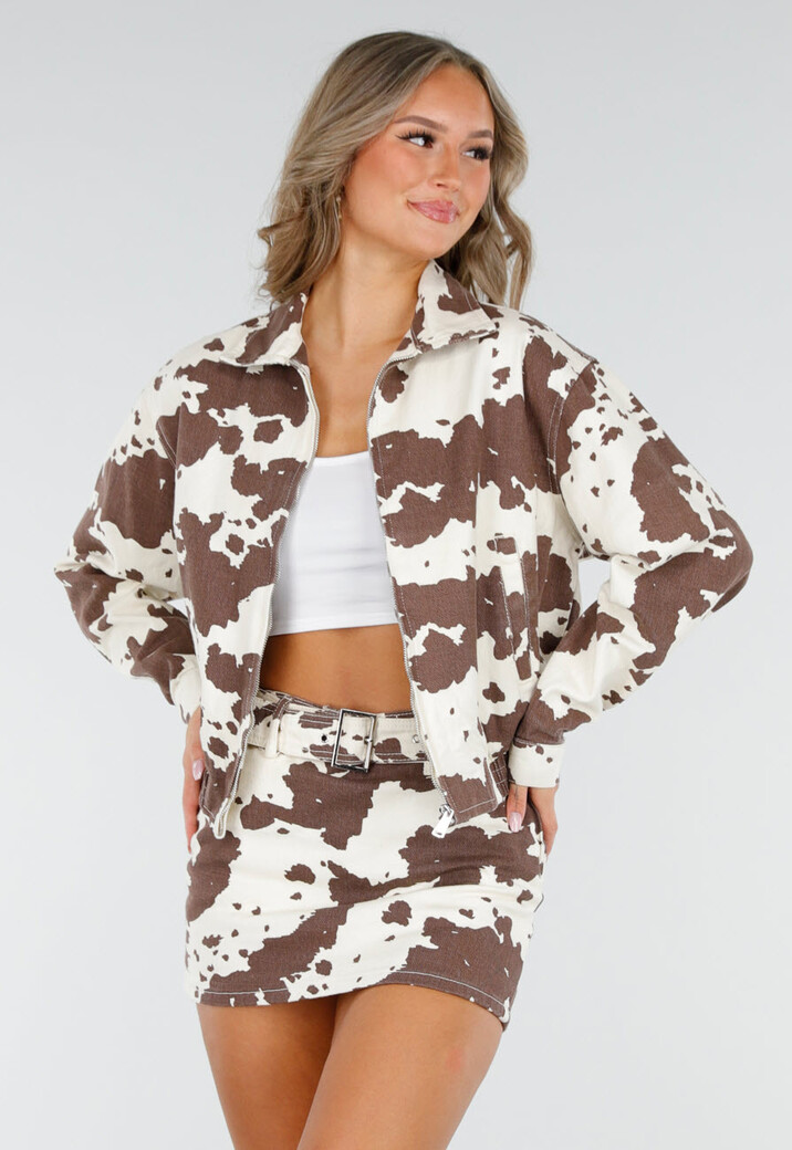 Wit-Bruin Cowprint Jasje met Rits en Elastische Zoom