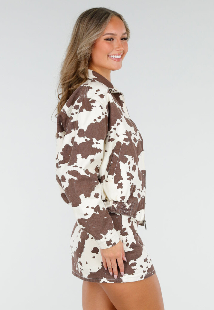 Wit-Bruin Cowprint Jasje met Rits en Elastische Zoom