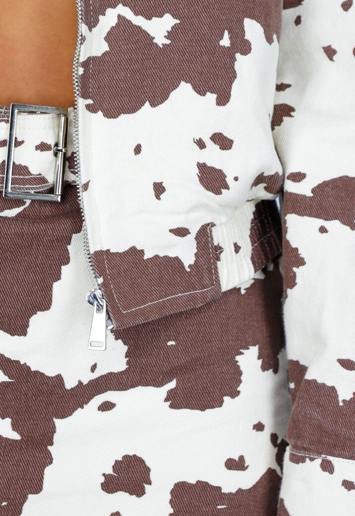 Wit-Bruin Cowprint Jasje met Rits en Elastische Zoom