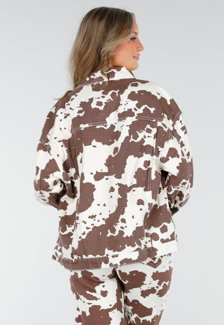 Wit-Bruin Denim Jasje met All-Over Cowprint