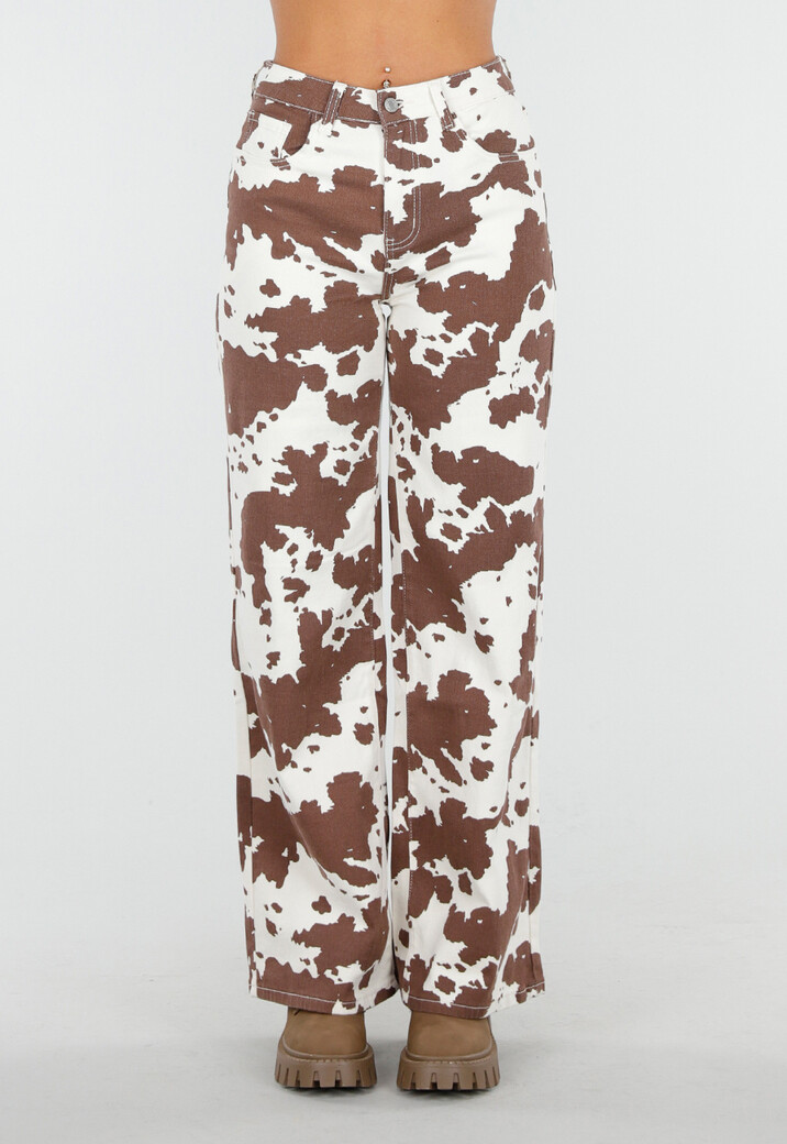 Wit-Bruine High Waist Jeans met All-Over Cowprint