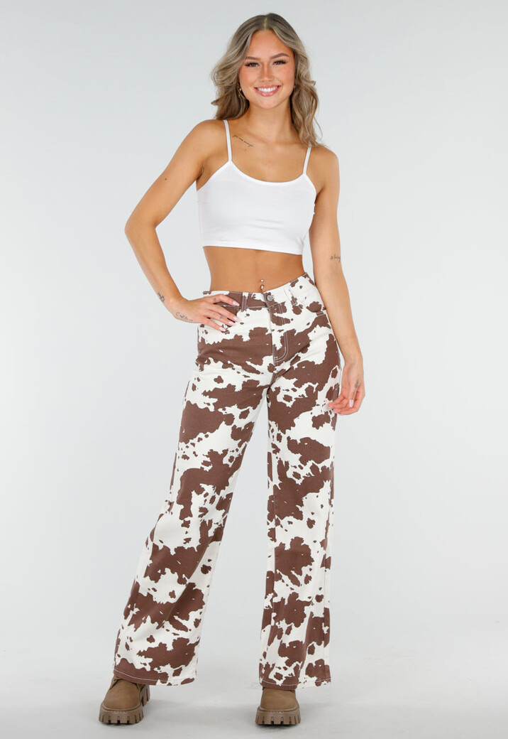 Wit-Bruine High Waist Jeans met All-Over Cowprint
