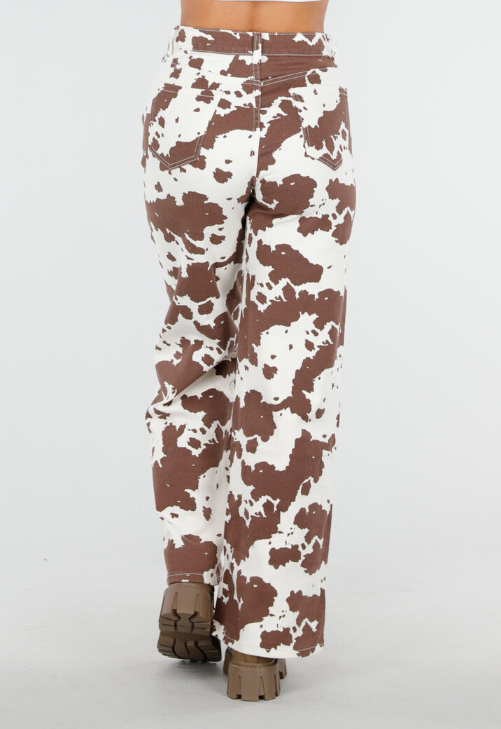 Wit-Bruine High Waist Jeans met All-Over Cowprint