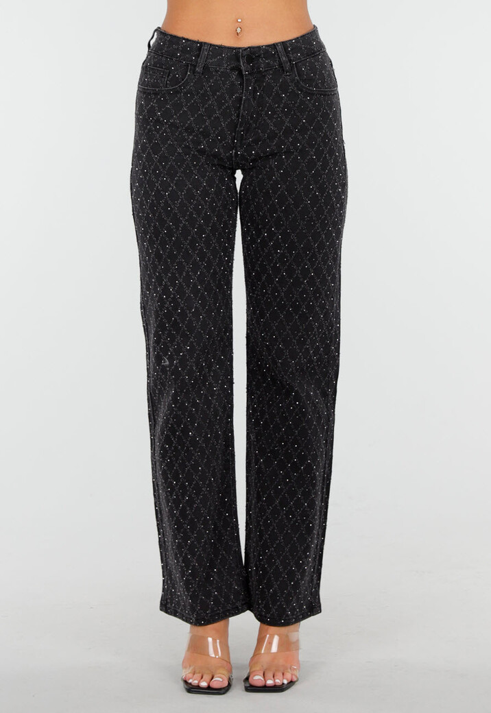Zwarte Straight Jeans met Glinsterend Ruitpatroon