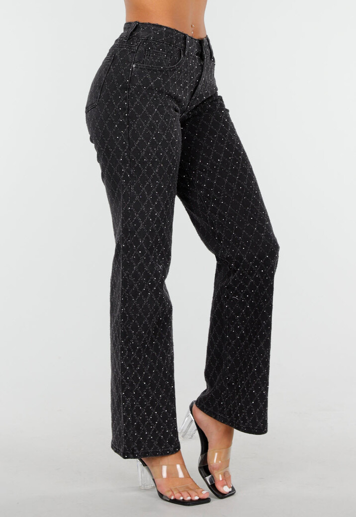 Zwarte Straight Jeans met Glinsterend Ruitpatroon