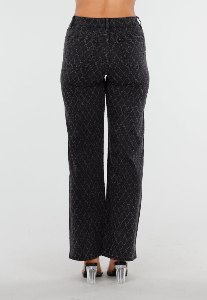 Zwarte Straight Jeans met Glinsterend Ruitpatroon