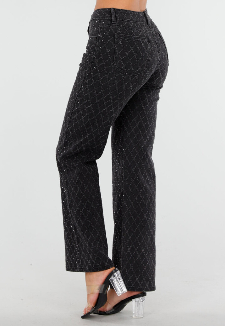 Zwarte Straight Jeans met Glinsterend Ruitpatroon