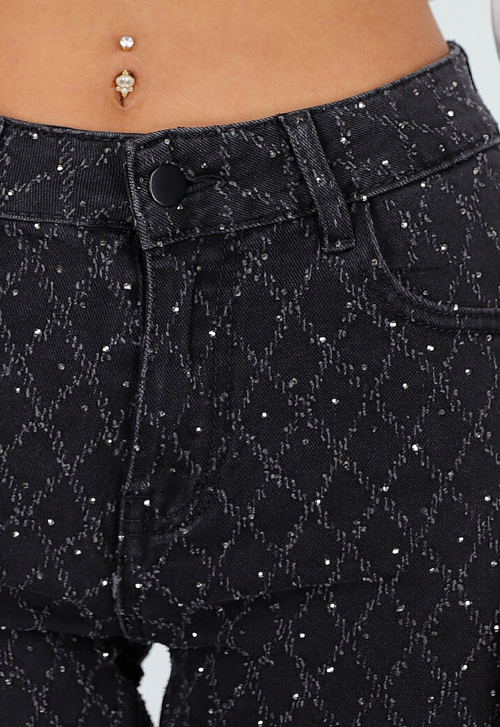 Zwarte Straight Jeans met Glinsterend Ruitpatroon