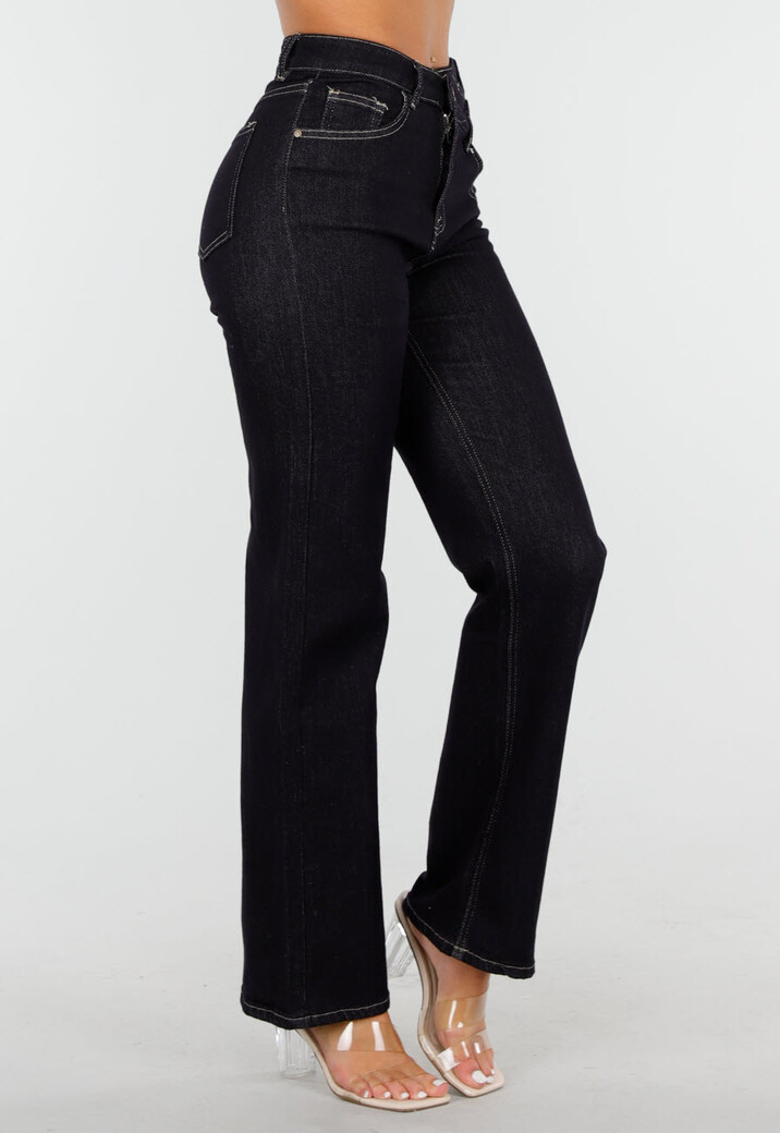 Donkerblauwe High Waist Overslag Wide Leg Jeans met Rechte Pijpen