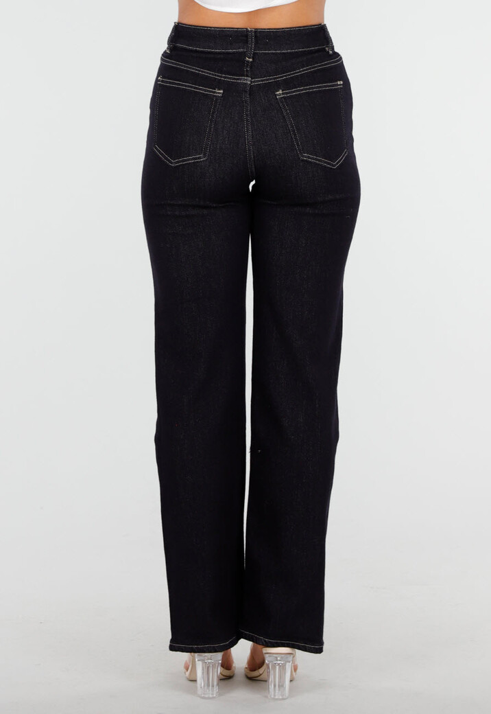 Donkerblauwe High Waist Overslag Wide Leg Jeans met Rechte Pijpen