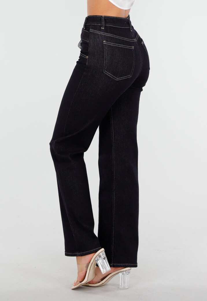 Donkerblauwe High Waist Overslag Wide Leg Jeans met Rechte Pijpen