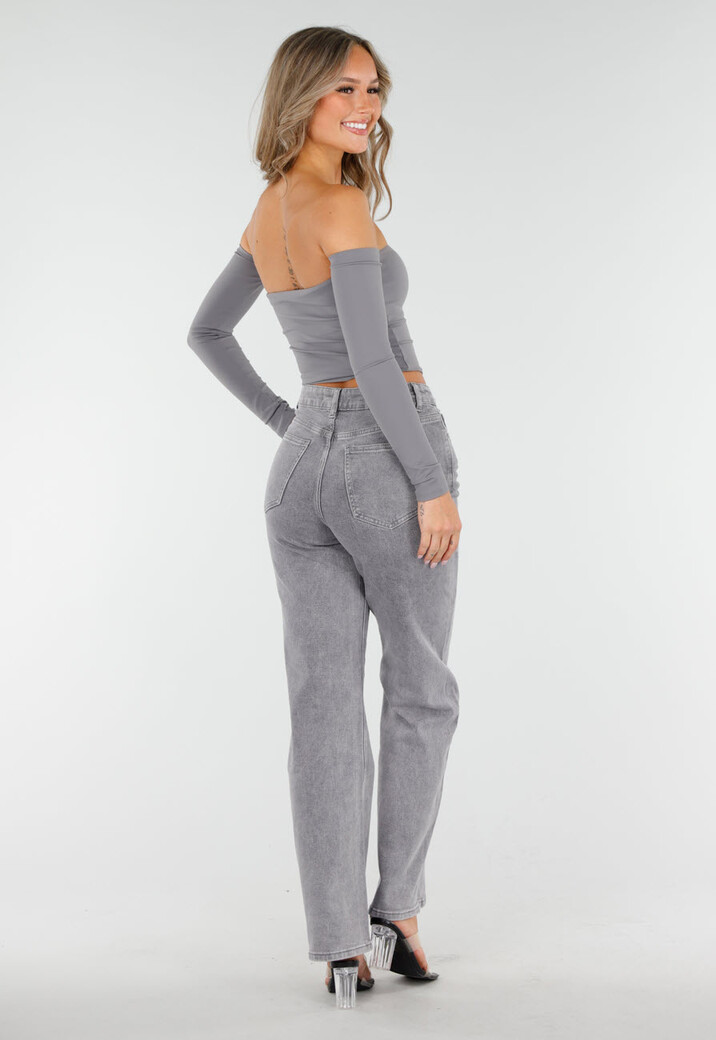 Grijze High Waist Straight Jeans met Licht Gewassen Look