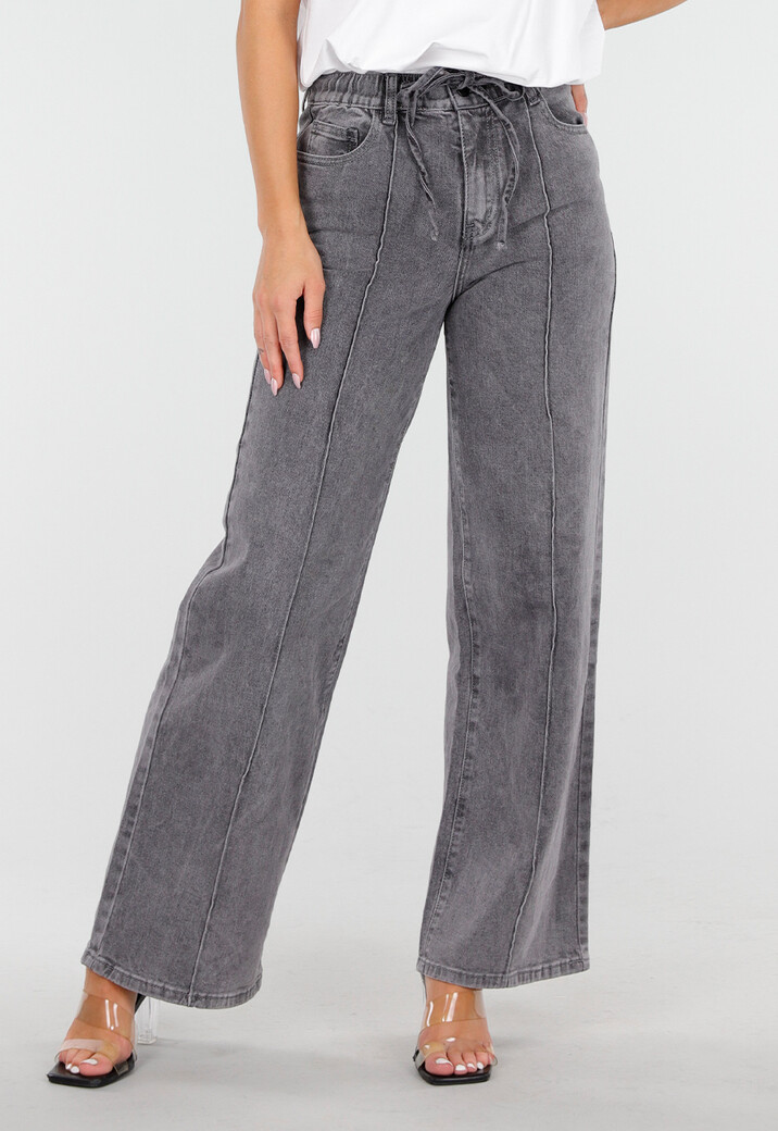 Grijze Wide Leg Jeans met Hoge Taille en Striksluiting