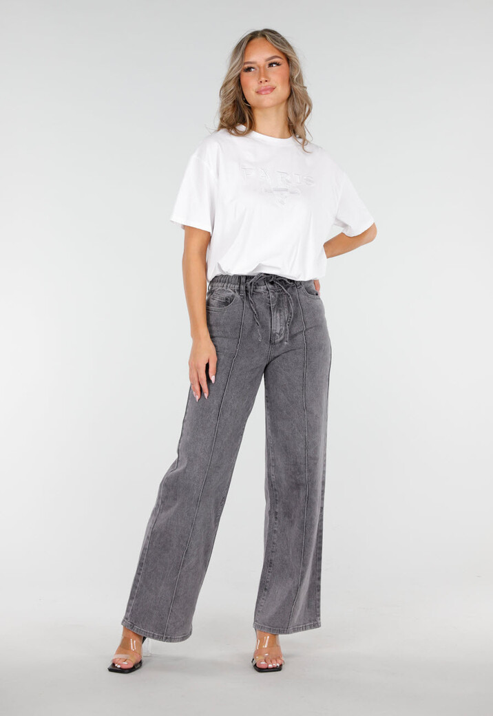 Grijze Wide Leg Jeans met Hoge Taille en Striksluiting