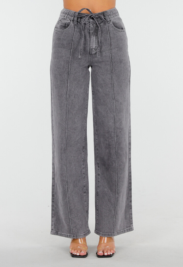 Grijze Wide Leg Jeans met Hoge Taille en Striksluiting