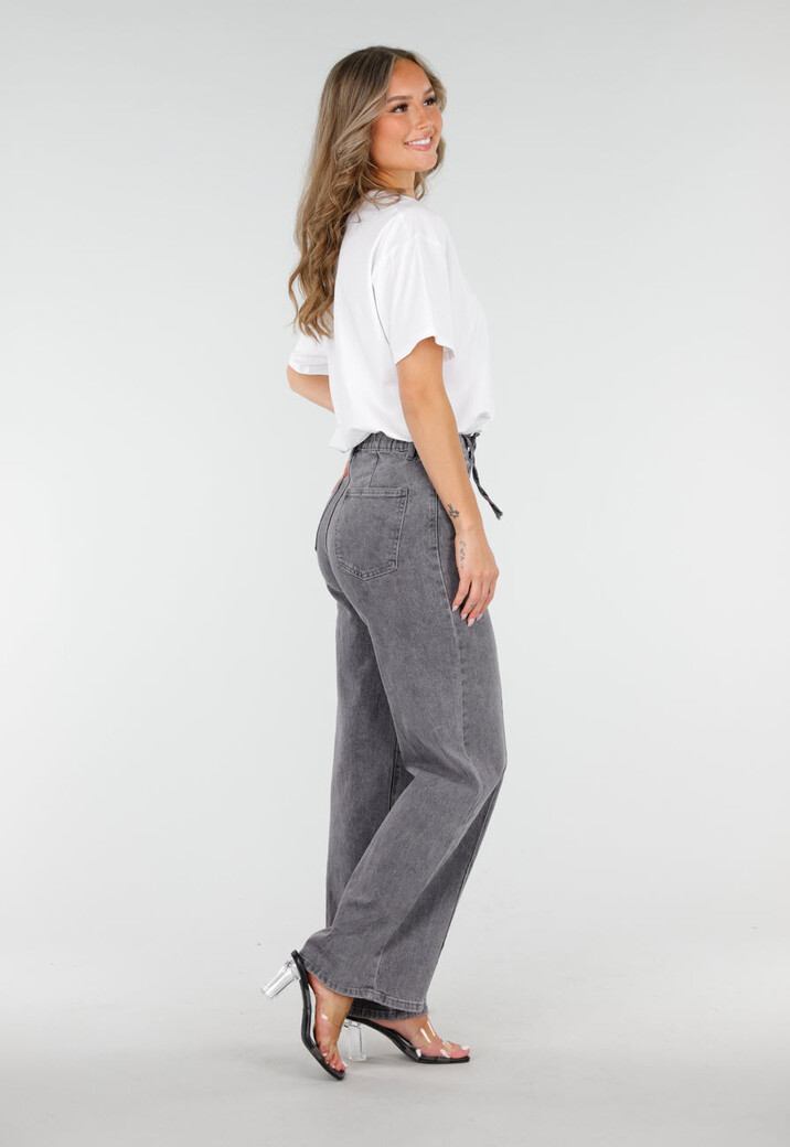 Grijze Wide Leg Jeans met Hoge Taille en Striksluiting